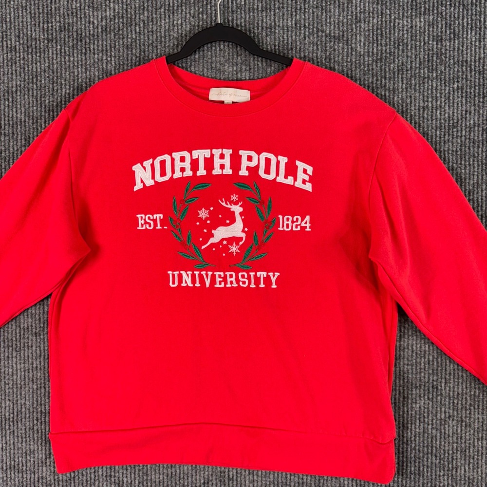 State of Mine Womens L‎ Red North Pole University Reindeer Christmas Sweatshirt